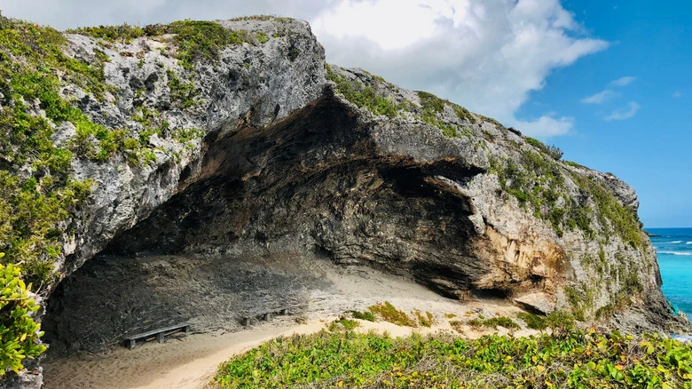 An open limestone cave surrounded by green coastal plants beside the turquoise sea in Turks and Caicos